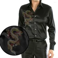 Men&#039;s Casual Shirts Chinese Spring Silk Dragon Drill Men&#39;s Long-sleeved Shirt Male Fashion Business Solid Color Plus Size Tops