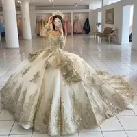 2023 Champagne kralen Quinceanera -jurken Vatiqued Appliqued Long Sleeve Princess Ball Jurk Prom Party Wear Masquerade Dress Wly935