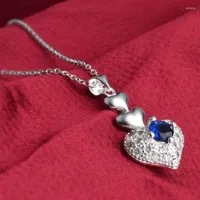 Cadenas 925 Collar de plata esterlina para mujeres/ni￱as Fiesta de bodas Beautiful Love Heart Dise￱o con Zirc￳n C￺bico Blue brillante