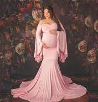 Entbindlichkeitspfografie Requisiten Mutterschaftskleid Po Shoot sexy Boho Schulterless Glocken ￄrmel Maxi Langes Kleid Schwangerschaft Mermaid1625345