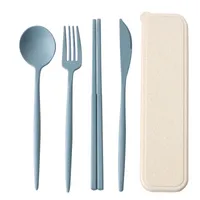 4pcs/Set Cutlery Flatware Sets Weizenstrohlöffel Gabelstäbchen mit Schachtelstudenten Tischgeschirr Reisen tragbares Geschirr