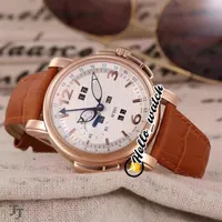 Ny evig kalender 322-66 91 Vit Dial Automatic Mens Watch Leather Strap Rose Gold Case Brown Leather Strap Watches Hwun Hel220k