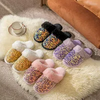 Slippers Sequin Plush Fashion Winter Warm Women&#39;s Thick Bottom Casual Home Suede Flip-Flops