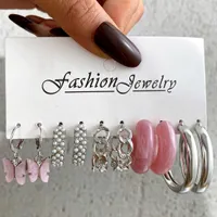Kreativer Charme Einfache rosa Acryl-C-Kette Ohrringe Neue Perle eingelegtes Butterfly-Ohrring-Set 5-teiliger Set