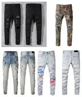 Новые мужские джинсы черные джинсы брюки скинни разорванная растяжение Slim West Hip Hop Swag Denim Motorcycle Biker Fashion Washed Hip-Hop High Street Brand Embroidery