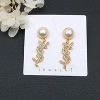 Luxury Gold Plated Silver Letters Double Stud Women Women Brand Designer Earring Tassel Crystal Geométrico Longo Brincos para Mulheres