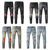 Black Jeans pants for women Stretch designer jeans Mens Biker Slim Ripped With Hole Spray on Letter Paint Splash Distressed Motor Fit Straight Zipper Hip Hop