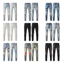 Mens Jeans Slim Jeans Ejressed Denim White Designer Leather Pants with Holes Letters Triven Tattered Knee Ripped For Man Skinny Straight Ben Size 28-40 L￥ng 2022 S￶t