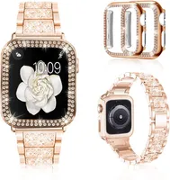 Apple Watch 용 금속 블링 다이아몬드 시계 스트랩 케이스 38 40 41 42 44 45mm Iwatch 8 7 6 5 4 3 SE와 호환되는 PC 보호 커버와 함께 보석 교체 손목 대역 밴드