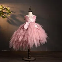Flickans klänningar Elegant Swan Crystal Tulle Flower Girl Dress for Wedding Kids Pageant Evening Gown Birthday Party Feather Lace Prin275B
