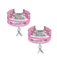 Läder rep wrap cancer medvetenhet armband tro tro hoppas bröst charms retro personlighet handgjorda smycken för kvinnor flickor gåva204u