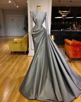 2022 Mermaid Gray Saudi Arabic Long Sleeves Evening Dresses Wear Major Beading Sequins Taffeta Prom Dress vestidos de fiesta Formal Party Gowns