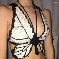 Women&#039;s Tanks Sexy Hollow Out Knitted Crochet Butterfly Crop Top Women Fairy Grunge Clothes Backless Halter Camis P176