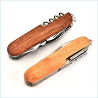 Openers Wooden Handle Mtifunctional Folding Knife Bottle Opener Keychain Scissors Portable Outdoor Cam Tool Drop Delivery Home Garde Dhpko