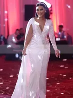 Chic Dubai Mermaid Formalne sukienki wieczorowe kryształy koralowe peleryny długie rękaw Wydzielenie frontu seksowna impreza balowa sukienki dla kobiet panny młodej recepcja recepcja desce głębokie v-nutk 2023