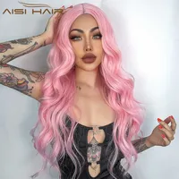 Synthetic Wigs AISI HAIR Synthetic Long Wavy Wig Pink Wigs for Women Side Part Natural Black Wig Cosplay Wigs halloween Heat Resistant Hair T221103