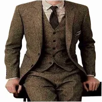 Nieuwste Jas Broek Ontwerpen Bruin Tweed Formele Custom Mannen Suits Winter 3 Pieces Slim Fit Tuxedo Masculino Jas Vest Broek J220811