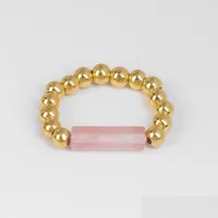 Band Rings 4Mm Elastic Ring For Women Men Tube Shape Natural Stone Gold Beads Rings Crystal Rose Quartz Bohemian Beach Wind Jewelry Dh09U