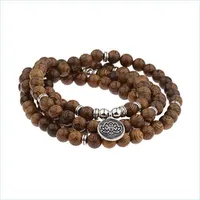 Bangle 2021 Nouveau Rolay Yoga MtiLeryer 108 Perles de bois Bracelet Bracelet Tib￩tain Buddhiste Mala Bouddha Charme pour femmes Men Drop Deli Dhfyr