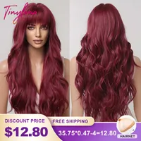 Perruques synthétiques Long Wavy Bourgogne Bourgogne Red Dark Synthetic Hair Wigs with Fluffy Bangs For Women Wine Body Wave Red Wave Halloween Cosplay Natural Wig T221103