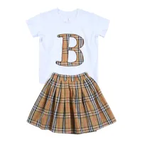 kids Girls Summer Clothing Sets Short Sleeve Top T-shirt Plaid Skirts Children Baby Clothes Set 2pcs 2-7Y