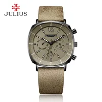 Julius Real Chronograph Men's Business Watch 3 Dials Leather Band Square Face Quartz Holwatch Yüksek Kaliteli Saat Hediyesi Jah-02140