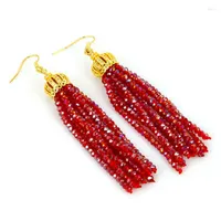Dangle Earrings Luxury Red Green Blue White Crystal Beads Long Tassel Gold Color Cubic Zirconia Crown Cap For Women