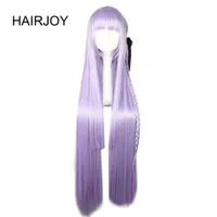 Cosplay Wigs HAIRJOY Synthetic Dangan Ronpa Kyouko Kirigiri Purple Cosplay Wig with Kniting Braid Ponytail 100cm Long Straight Hair T221104