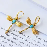 Dangle Earrings S925 Sterling Silver Mori Style American Sleeping Beauty Turquoise Dragonfly Women's Temperament