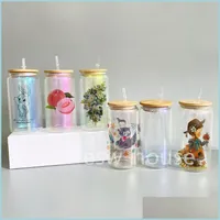 Tumblers 16Oz Iridescent Glass Tumblers With Bamboo Lid Diy Heat Transfer Printing Cola Cups Sublimation Blanks Beer Can Beverage Dr Dh1Ef