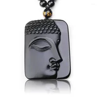 Naszyjniki wisiorek moda dla mężczyzn z łańcuchem kamienia naturalnego obsydian rzeźbiony boczny Buddha koraliki na głowę naszyjnik biżuteria damska prezent