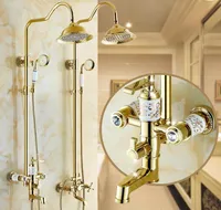 Сплошная латунная керамика и хрустальное золото набор душа европейского смесителя 8 -дюймовый головка полированная настройка подъемной рукой наборы для ванной комнаты 8363762