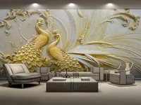 Dropship personnalisé Mural Wallpaper for Walls 3D stéréoscopique en relief en flèche Golden Peacock Wall peinture salon chambre hom3986710