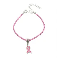50st Hope Breast Cancer Awareness Ribbon Charm Pendant Leather Rope Armband Fit European Armband Handgjort Craft DIY