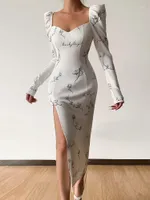 L￤ssige Kleider Zoctuo Women Midi Kleider Blumendruckseite Split sexy Puff ￄrmel Square Kragenbekleidung Herbst ￤sthetische elegante