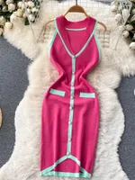 Robes décontractées Woherb Robe d'été Femme 2022 Couleur de contraste sans manches Patchwork tricoté pour la mode sexy élégante Ropa Mujer