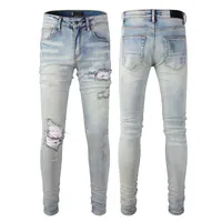 Designer Stack Jeans European Purple Jean Men Borduurwerk quilten gescheurd voor trend merk vintage pant heren vouw slanke magere mode jeans sstraight broek