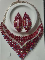 Halsband örhängen set Shinny Red Crystal Rhinestone Chunky Bib African Wedding Jewelry for Bride WC008