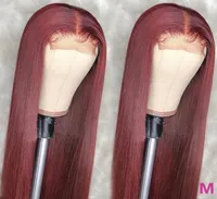 Burgundy Renkli Simülasyon İnsan saç perukları önceden koparılmış 99J şarap kırmızı düz sentetik dantel ön peruk siyah kadınlar için glueless la9757438