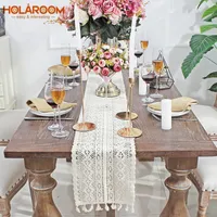 Tafelloper Holaroom Beige haakkant met kwast katoenen bruiloft decor holle doek Nordic Cover Bed S 221114