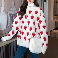 Qnpqyx Winter neuer koreanischer Erdbeer -gedruckter Jacquard -Pullover Frauen loser Außenbekleidung süßer Basis Pullover Langarmspringer