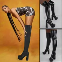 부츠 리브레 니니 섹시한 둥근 발가락 플랫폼 하이힐 지퍼 허벅지 여성 2022 브랜드 디자인 무릎 긴 검은 색 살구