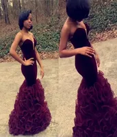 African Burgundy Mermaid Style Open Back Prom Dresses Sweetheart Neck Ruffles Train Sexy Evening Gowns8380821