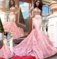 2K17 Sexy Black Girl Prom Dress Sequins Beading Long Sleeves See Through Evening Dress Charming Pink Floral Chapel Train Satin Eve2760044