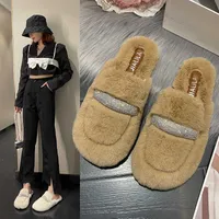 Slippers Dress Shoes Baotou Maomao Half for Women Wearing Outward in Autumn and Winter 2022 New Korean Style Rhinestone Flat Bottom Plush 0930
