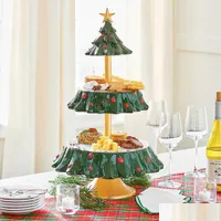 Decoraciones navideñas 2022 stand de bocadillos navideños de 2 niveles alimentos de resina para servir bandeja de cupcake tazón decoración de mesa adornos dhgcm