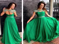 Buyer Show Green Prom Dresses Chiffon beaded Cap Sleeve backless Formal Modest Evening Gowns Custom Made Bridesmaid vestidos1200508