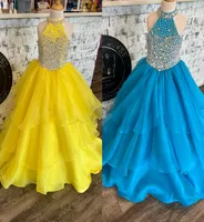 Halter Girl Pageant Dress 2023 Ballgown Crystals Beaded Organza Kids 생일 공식 파티 가운 유아용 유아 십대 Preteen Little Miss 9519926