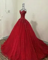 2019 sparkly Red 3d Lace Appliqued Quinceanera Dresses off the shoulder Sweet 16 Ball Gowns Tulle Prom Dress Quinceanera Gowns lac7136654