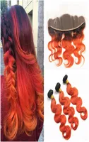 Zwei -Tonfarbe menschliches Haar Orange Ombre Spitze Frontaler Verschluss T1B 350 Orange Body Wave Peruan Jungfrau Haar 3 B￼ndel mit Frontal8181757
